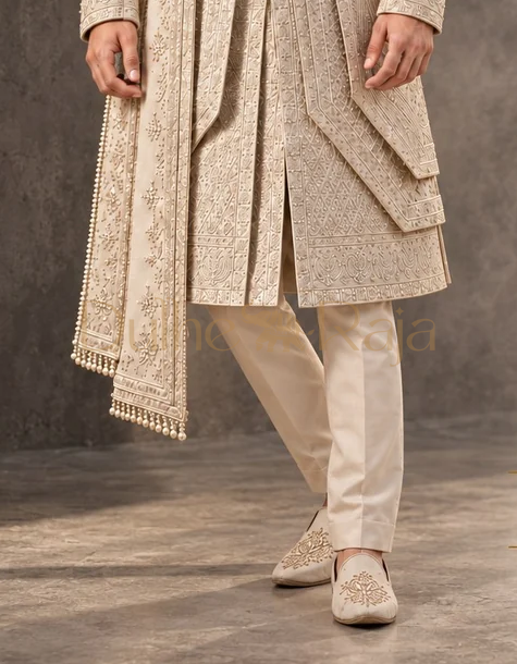 Dulhe Raja design 2615 beige sherwani bottom detail