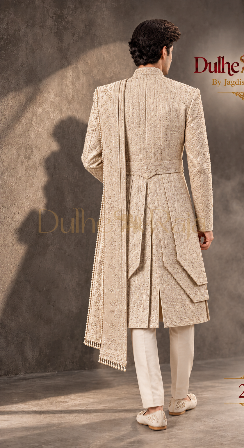 Dulhe Raja design 2615 beige sherwani back view