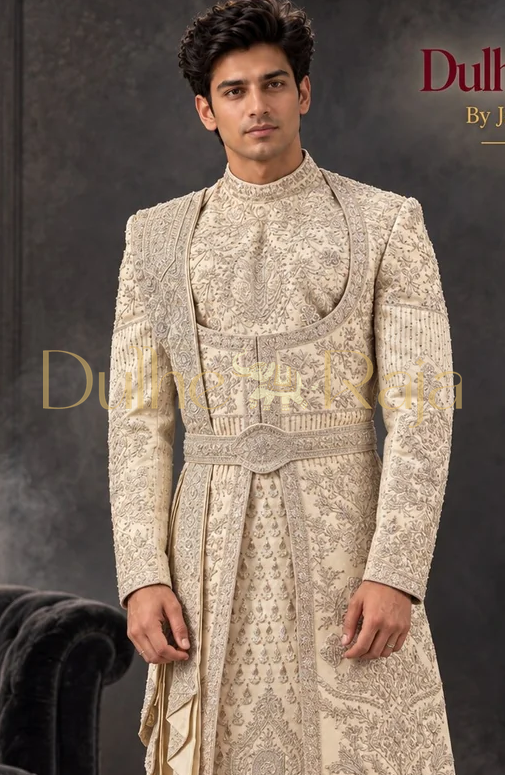 Dulhe Raja design 2633 silver ivory sherwani close-up detail