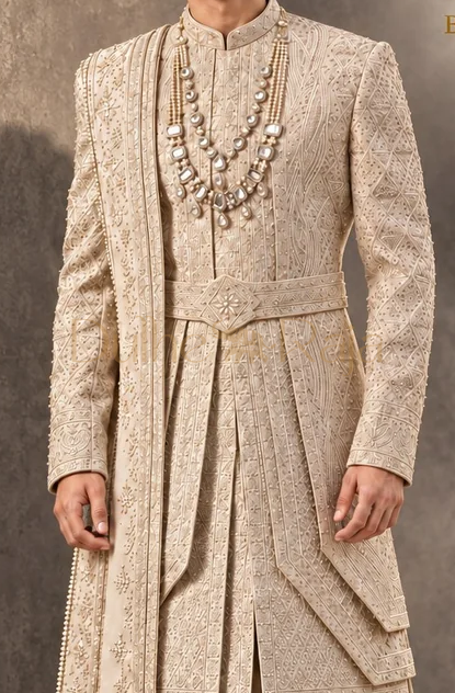 Dulhe Raja design 2615 beige sherwani embroidery detail