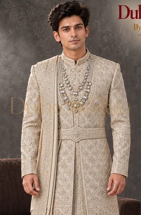 Dulhe Raja design 2618 beige sherwani close-up detail