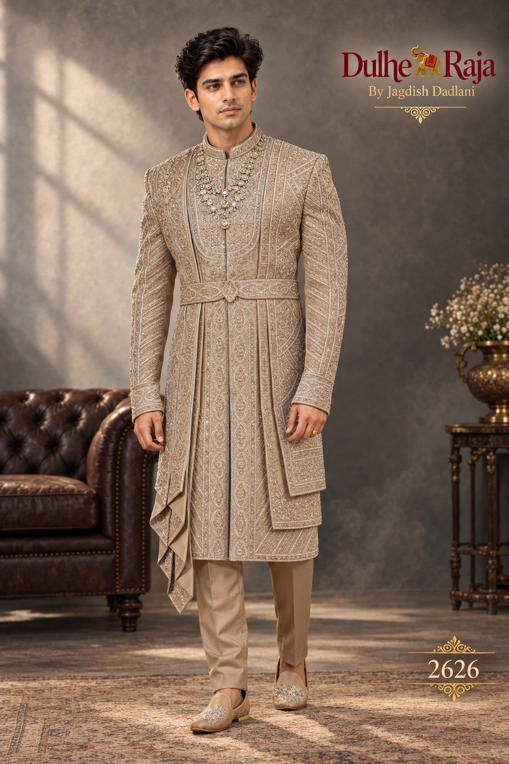 Beige pleated belted sherwani - Dulhe Raja Bhopal design 2626-KP