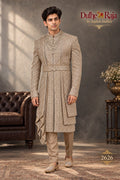 Beige pleated belted sherwani - Dulhe Raja Bhopal design 2626-KP