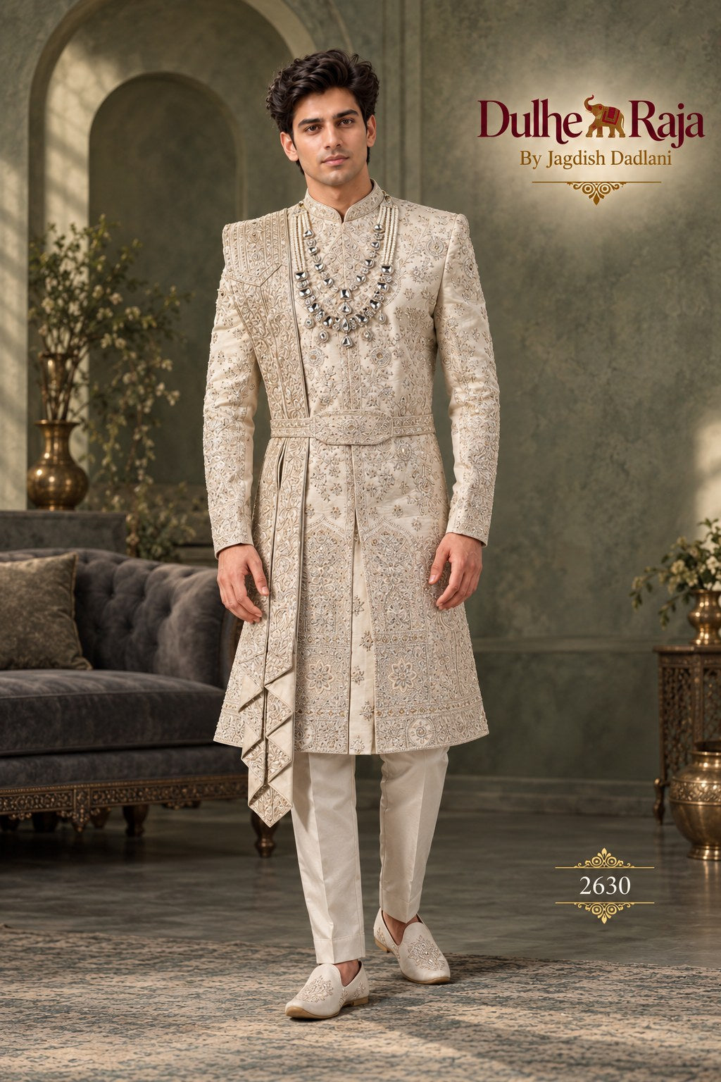 Beige layered drape wedding sherwani - Dulhe Raja Bhopal design 2630-ANMOL