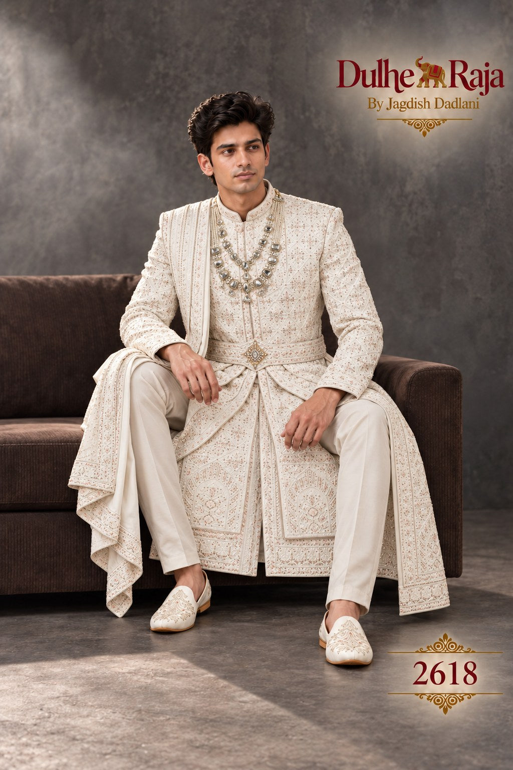 Ivory belted wedding sherwani detail - design 2618-S3