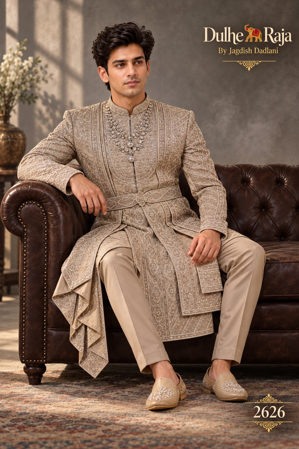 Beige pleated belted sherwani detail - design 2626-KP