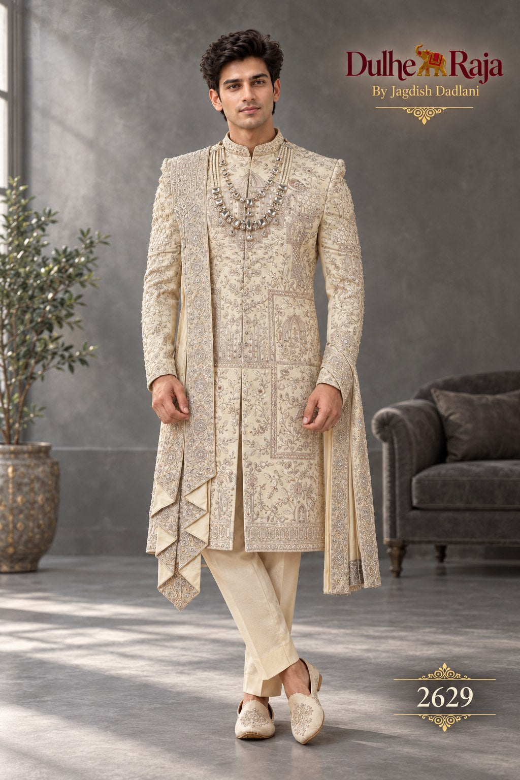 Silver beige layered wedding sherwani - Dulhe Raja Bhopal design 2629-SILVER