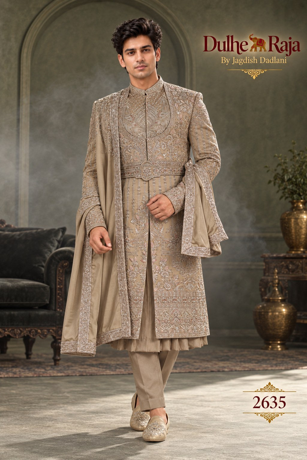 Beige dupatta wedding sherwani - Dulhe Raja Bhopal design 2635-KP