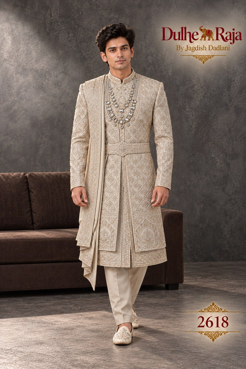 Beige belted wedding sherwani - Dulhe Raja Bhopal design 2618-ANMOL