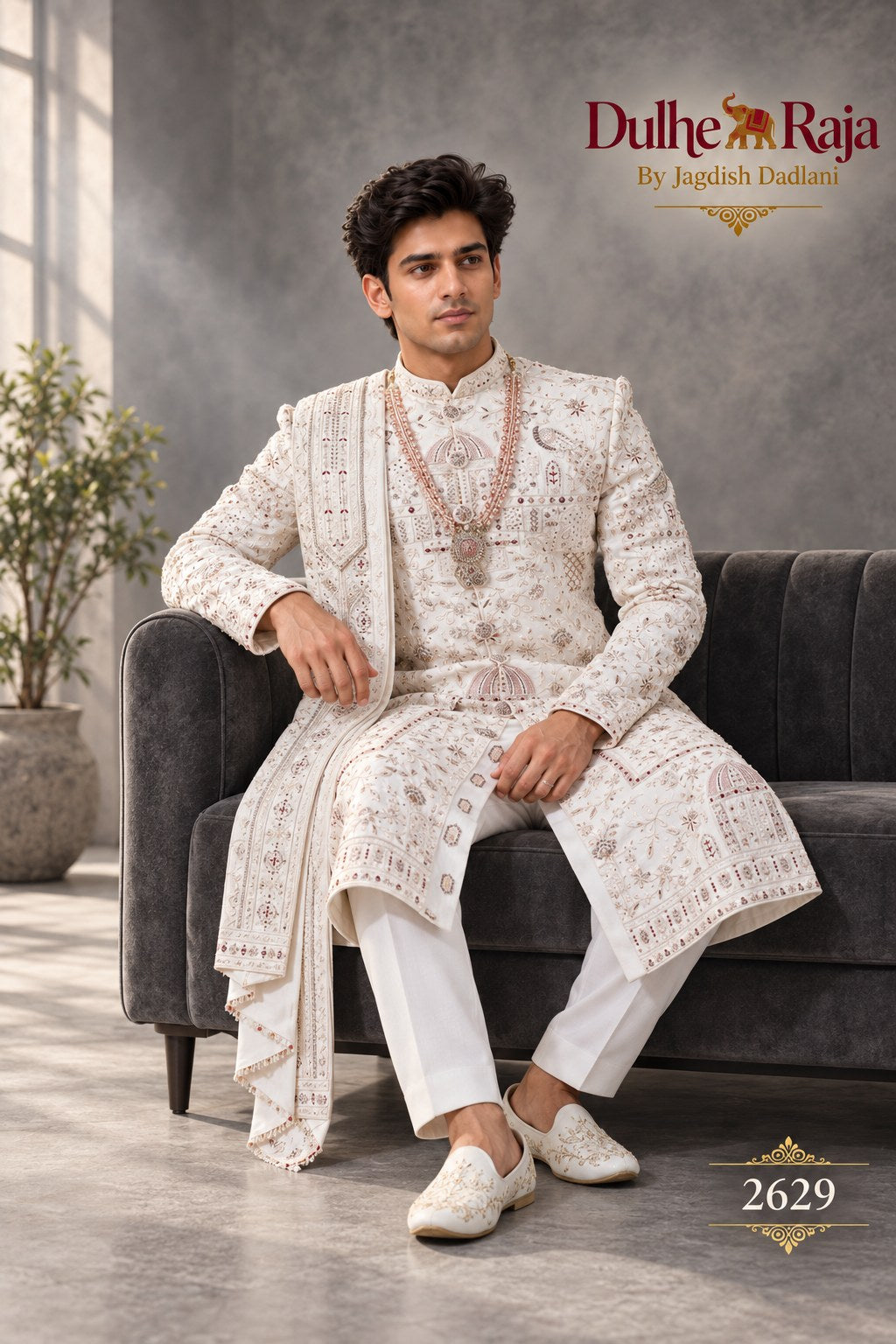 Ivory floral wedding sherwani detail - design 2629-S2
