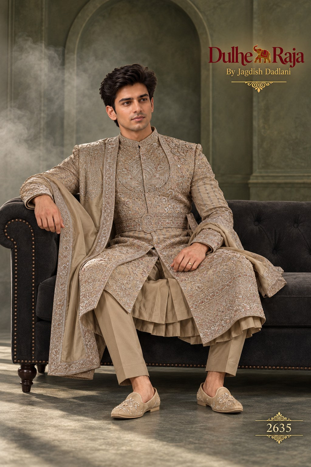 Beige dupatta wedding sherwani detail - design 2635-KP