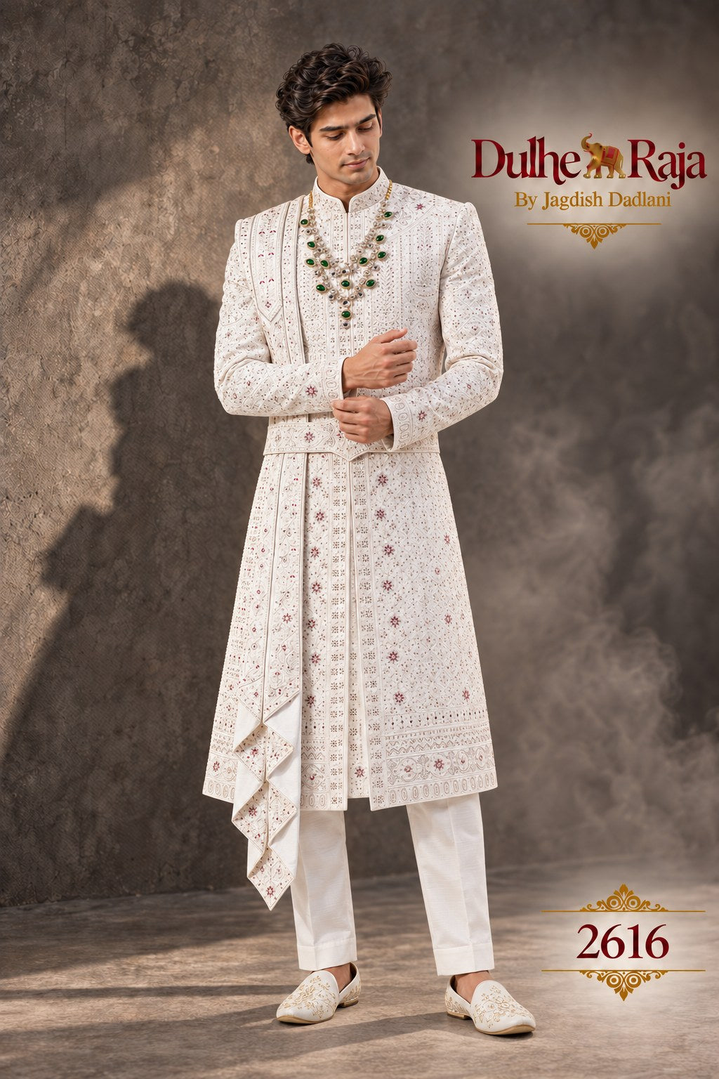Ivory mirror work wedding sherwani - Dulhe Raja Bhopal design 2616-S2