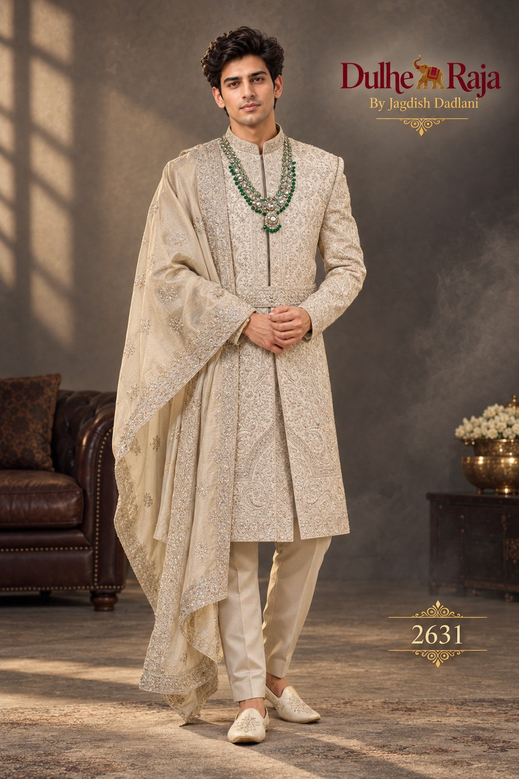 Beige sherwani with dupatta - Dulhe Raja Bhopal design 2631-ANMOL