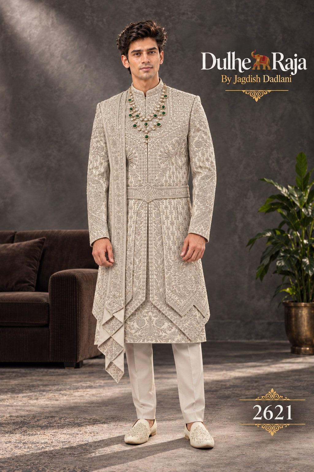 Pista belted wedding sherwani - Dulhe Raja Bhopal design 2621-PISTA