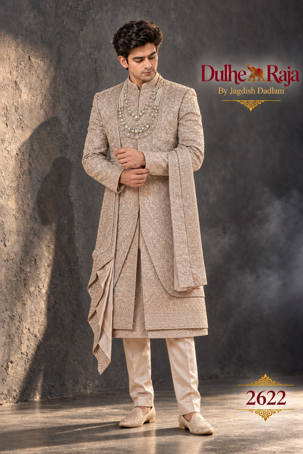 Rust cascade wedding sherwani side view - design 2622-RUST