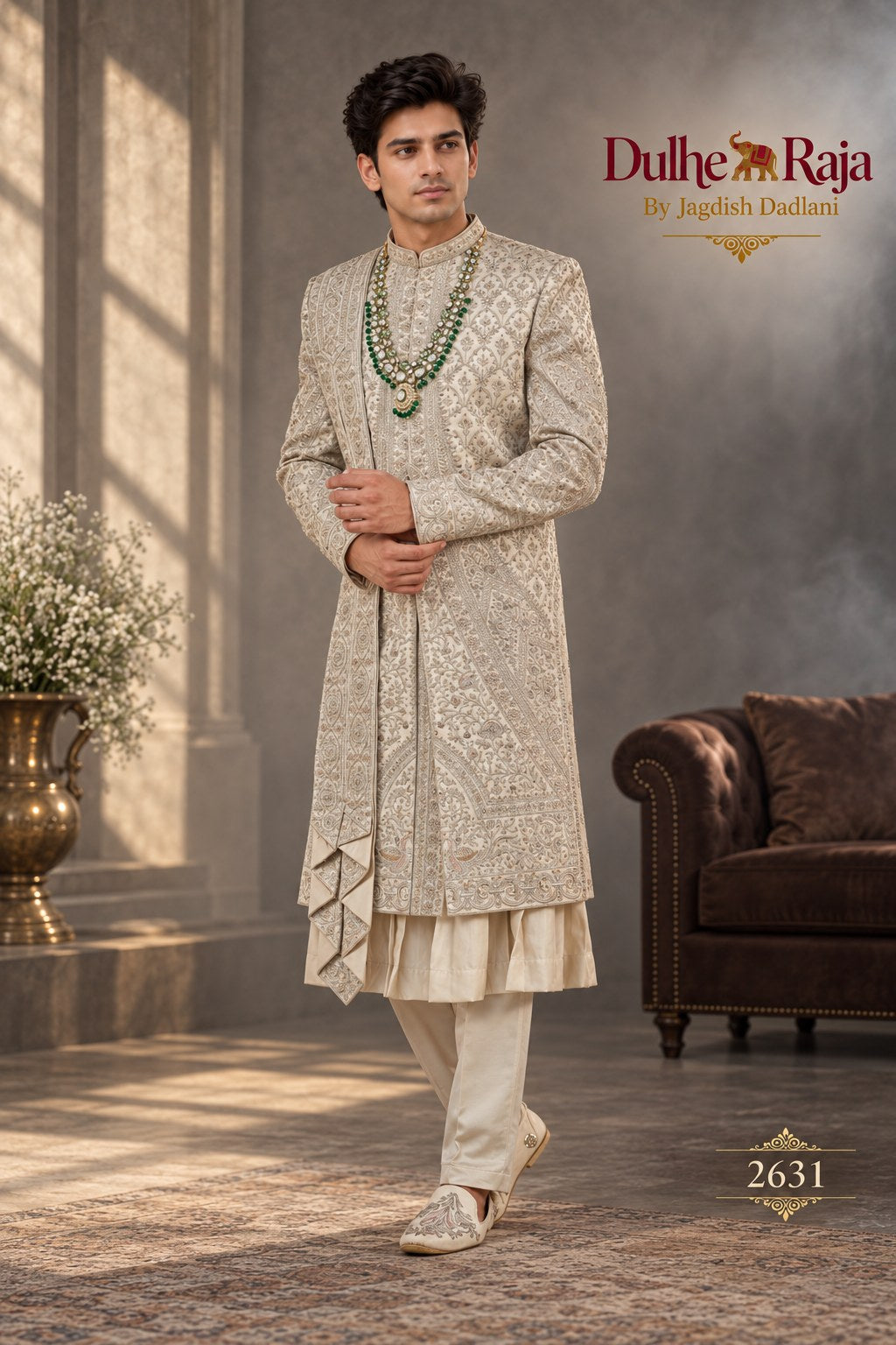 Pista belted drape wedding sherwani side view - design 2631-PISTA