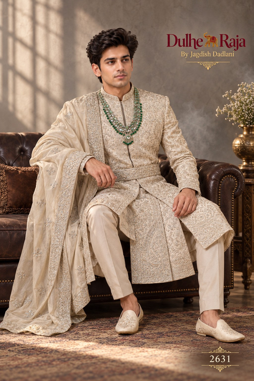 Beige sherwani with dupatta detail - design 2631-ANMOL