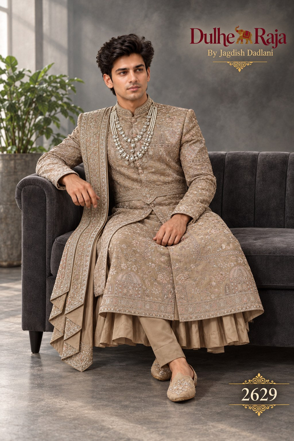 Beige pleated hem wedding sherwani detail - design 2629-KP