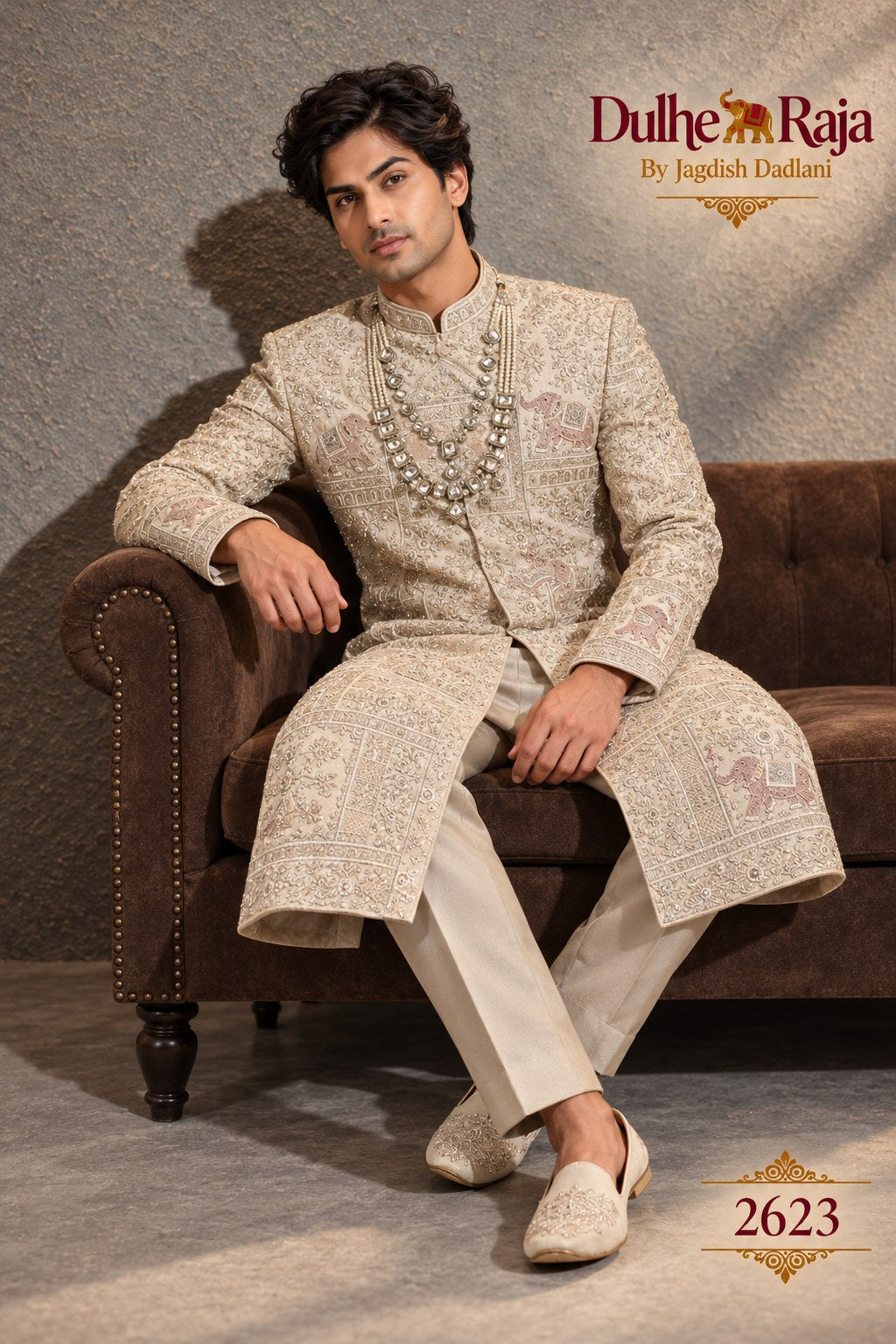 Beige open front wedding sherwani detail - design 2623-ANMOL
