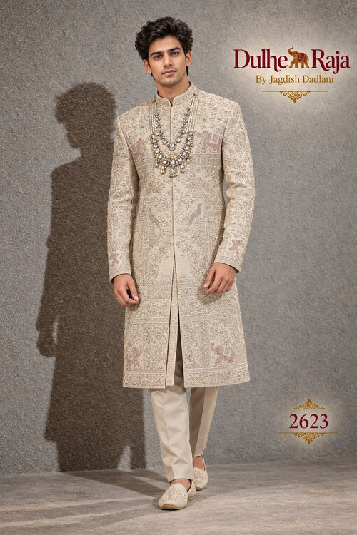 Beige open front wedding sherwani - Dulhe Raja Bhopal design 2623-ANMOL