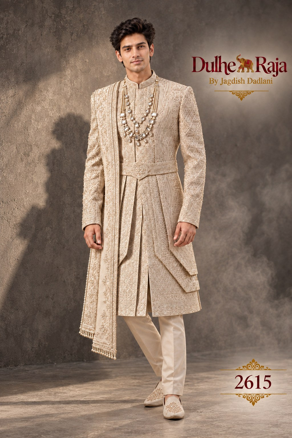 Beige pleated wedding sherwani for groom - Dulhe Raja Bhopal design 2615-ANMOL