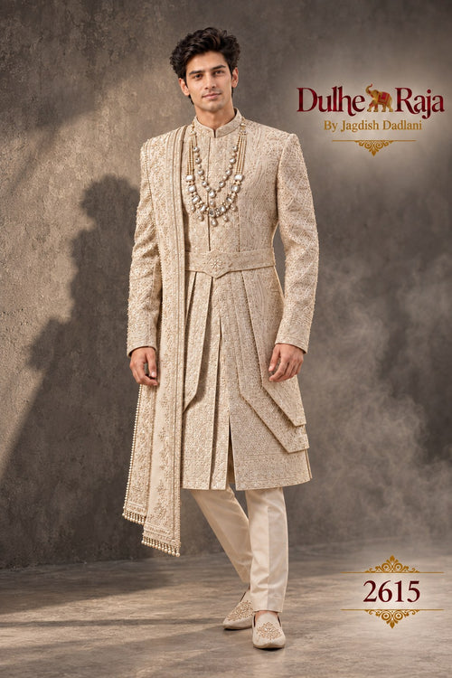 Beige pleated wedding sherwani for groom - Dulhe Raja Bhopal design 2615-ANMOL