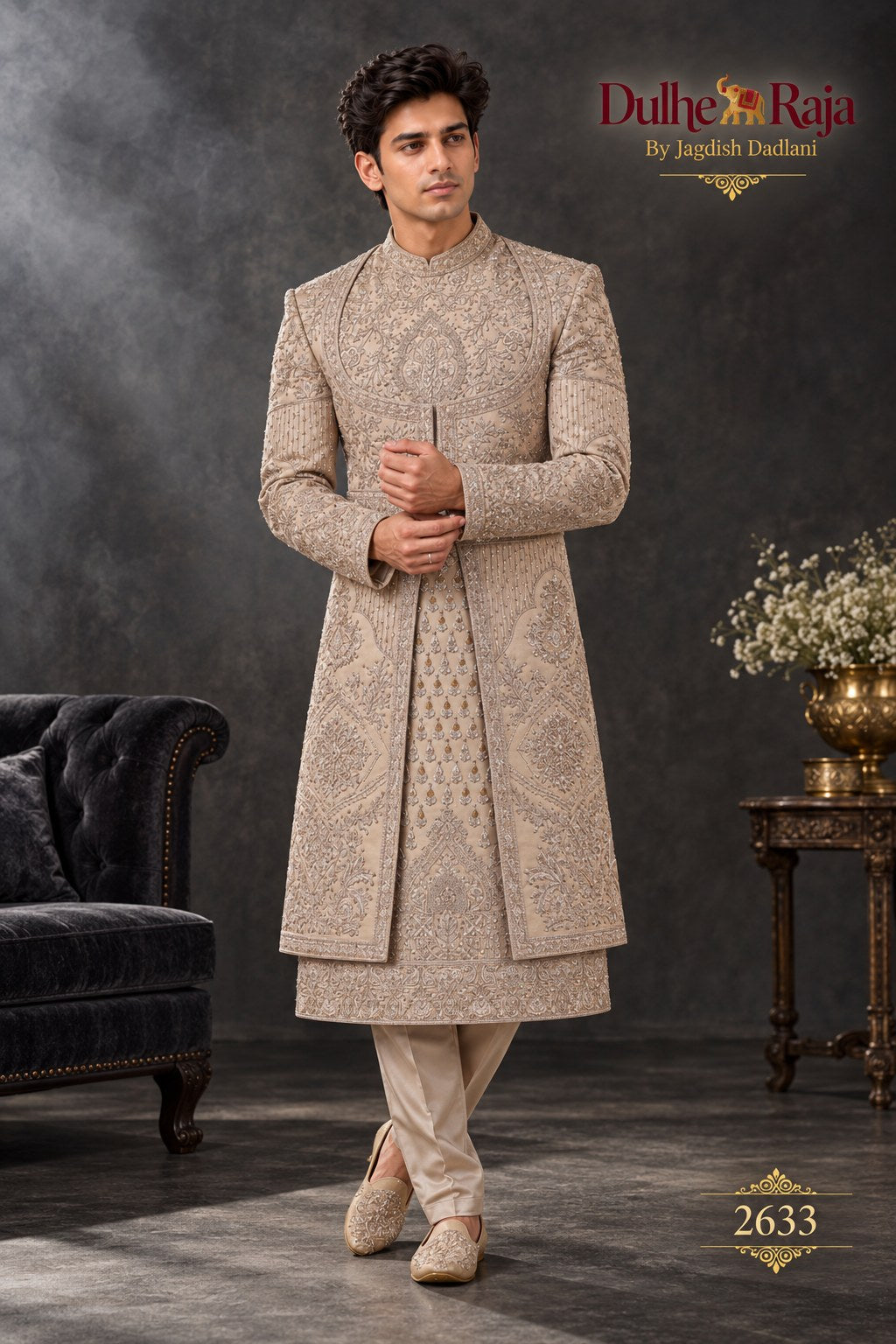 Rust belted wedding sherwani side view - design 2633-RUST