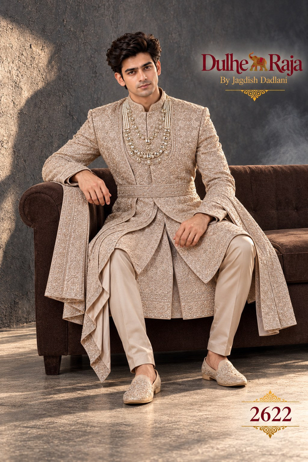 Rust cascade wedding sherwani detail - design 2622-RUST