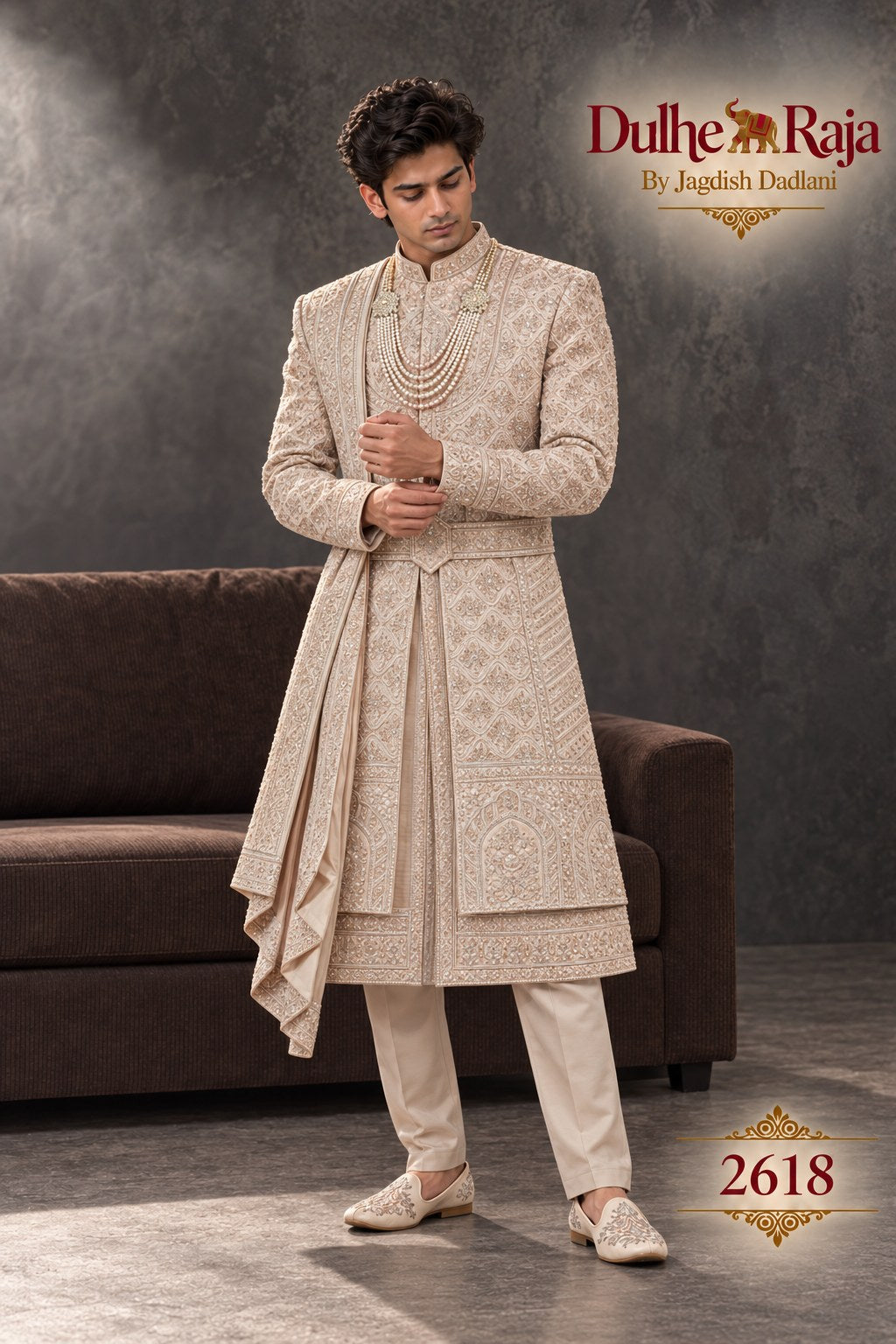 Blush layered wedding sherwani side view - design 2618-RG