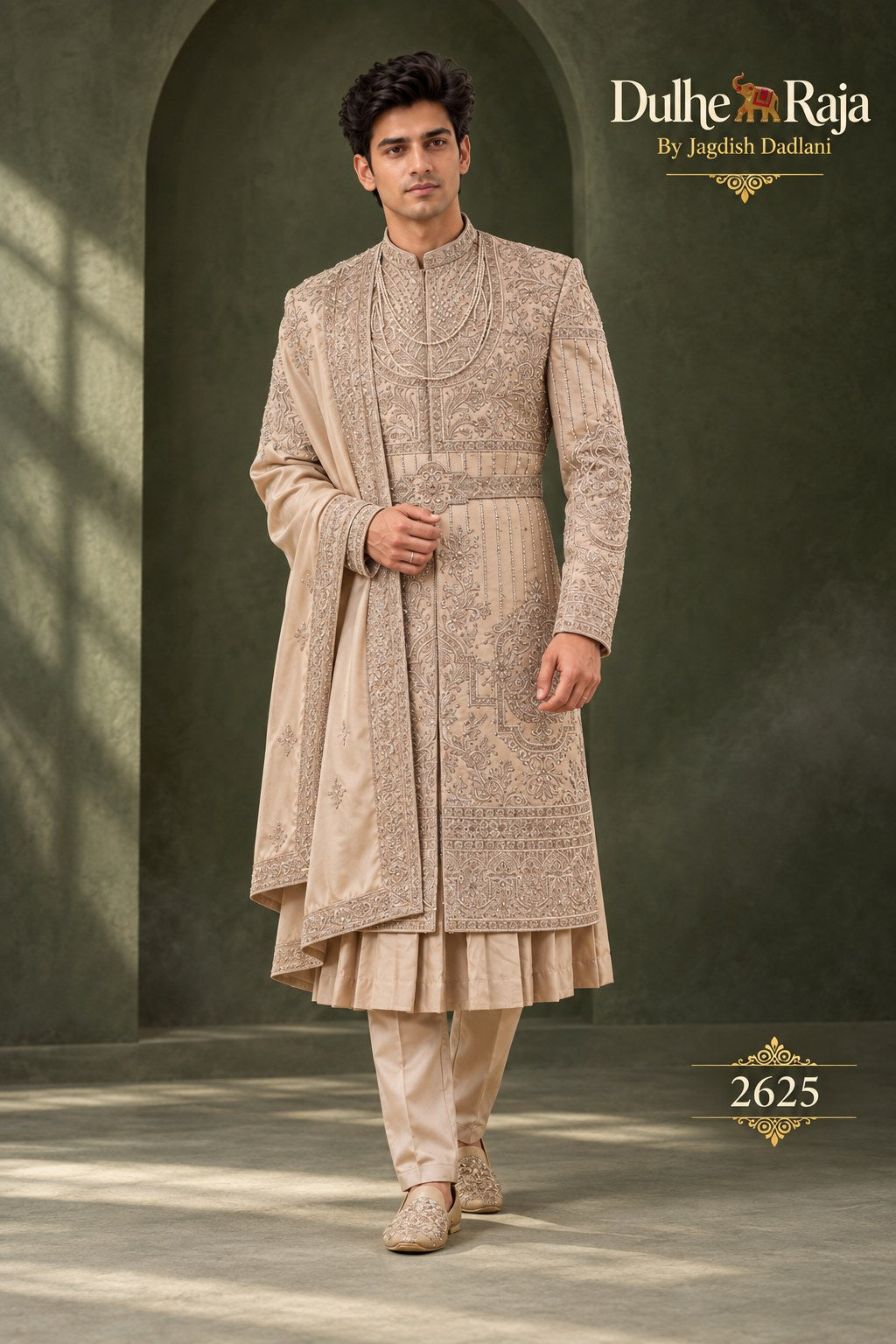 Rust sherwani with shawl drape - Dulhe Raja Bhopal design 2625-RUST