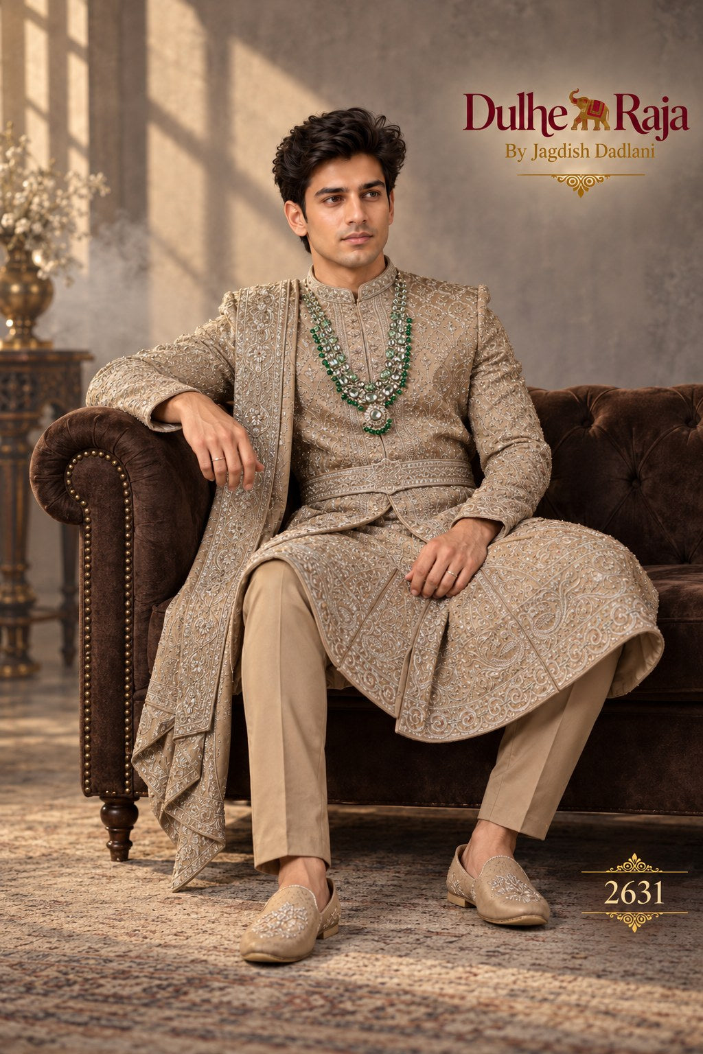 Beige belted drape wedding sherwani detail - design 2631-KP