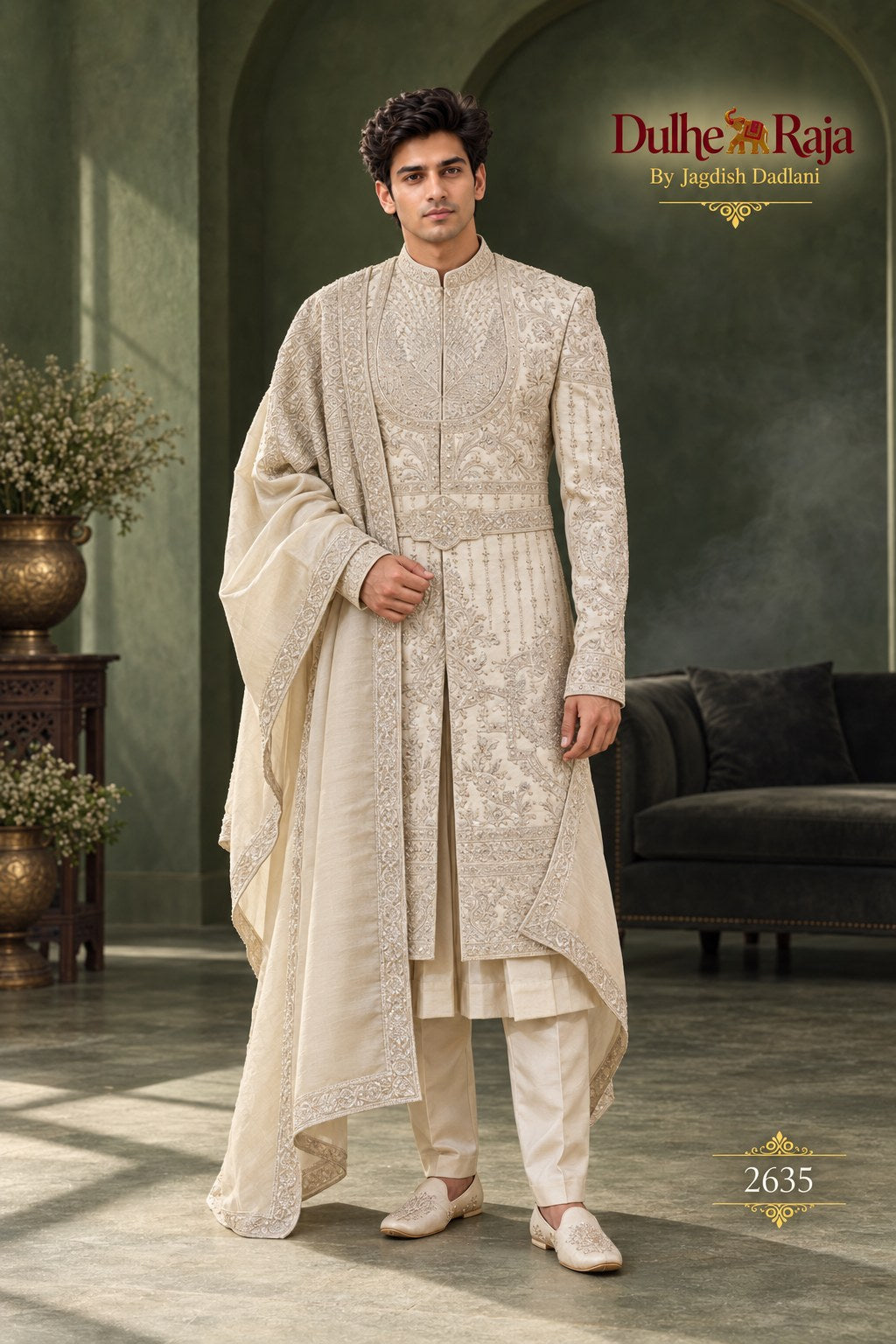 Beige sherwani with dupatta - Dulhe Raja Bhopal design 2635-ANMOL