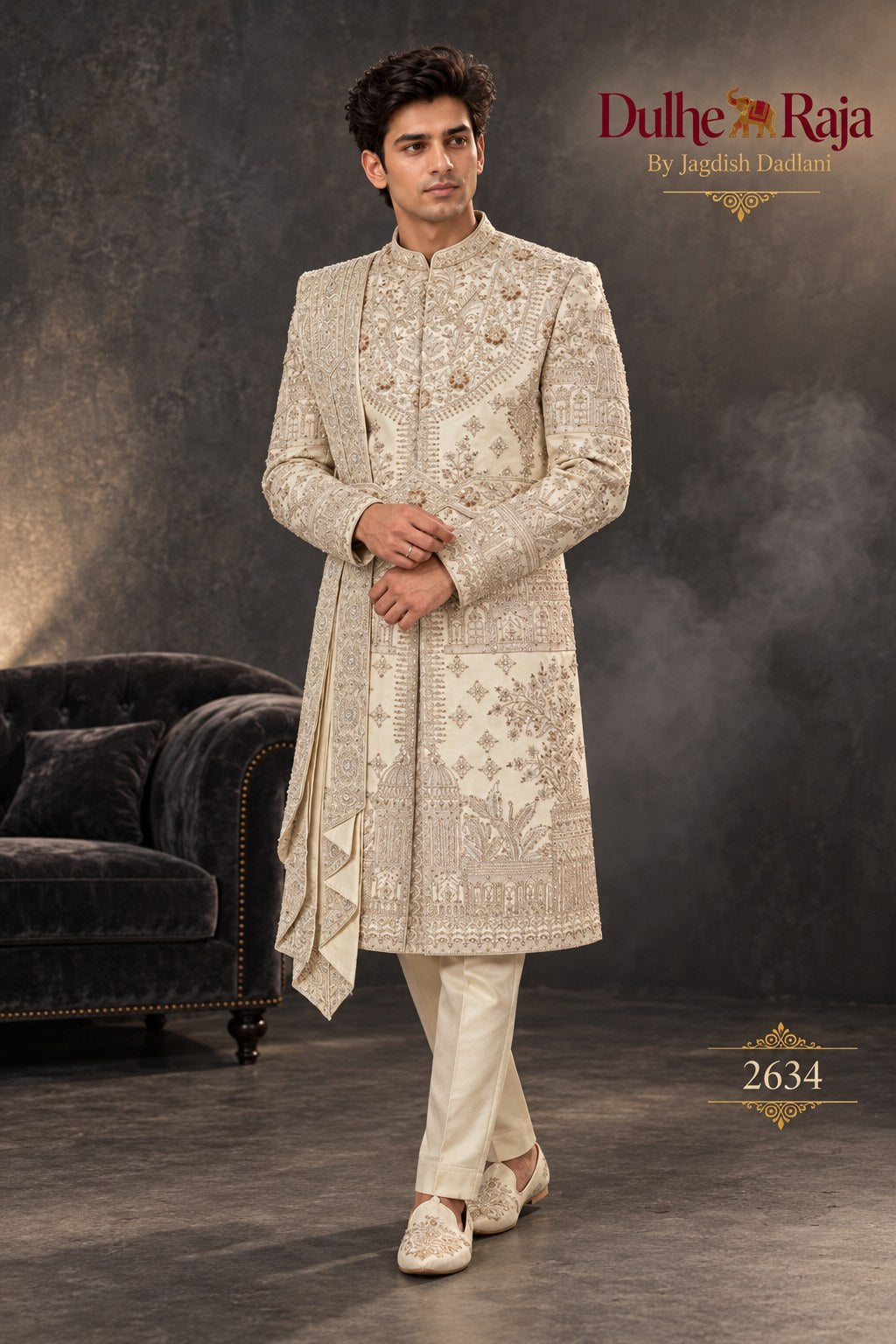 Silver beige draped wedding sherwani side view - design 2634-SILVER