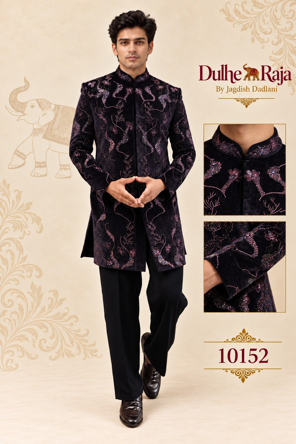 Wine velvet jodhpuri creeper embroidery close up, design 10152