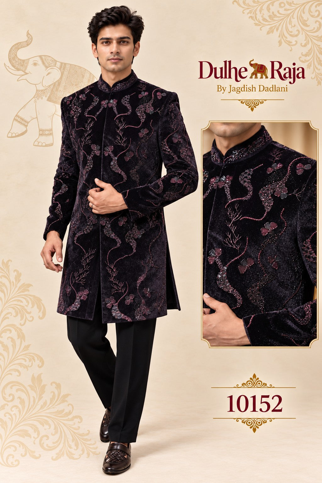 Wine velvet jodhpuri full look with black trousers, design 10152