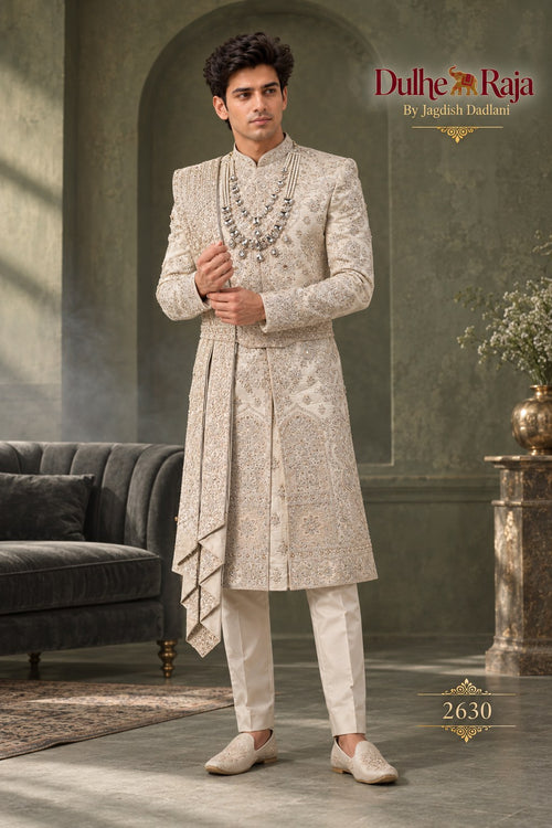 Beige layered drape wedding sherwani side view - design 2630-ANMOL