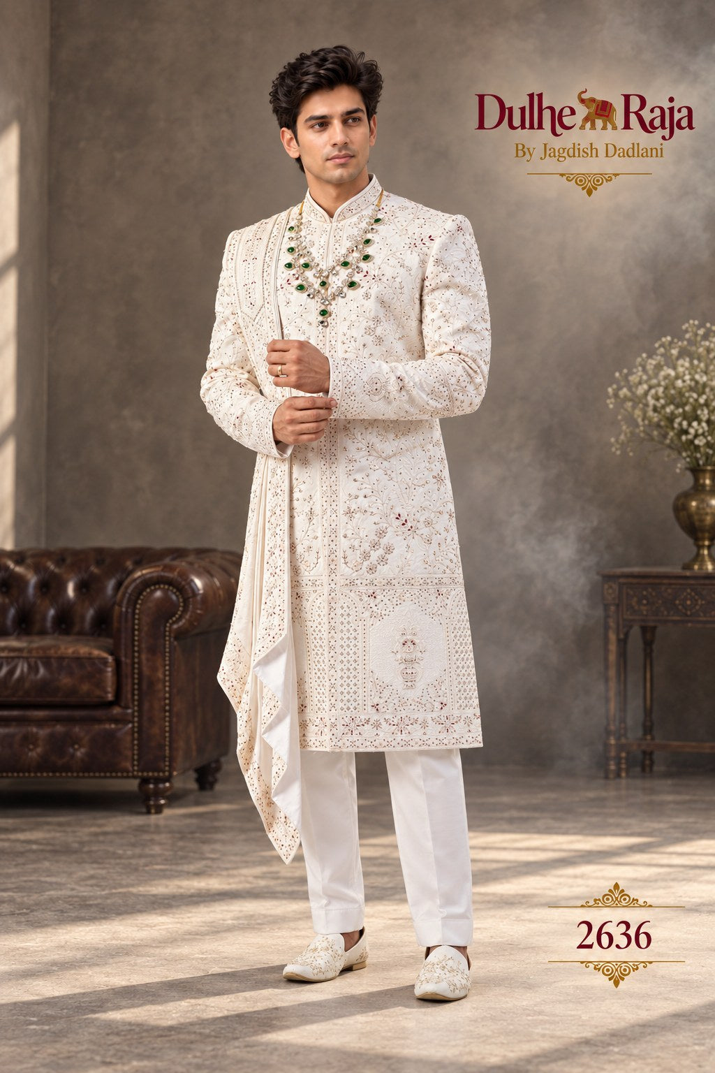 Ivory dupatta wedding sherwani side view - design 2636-S2