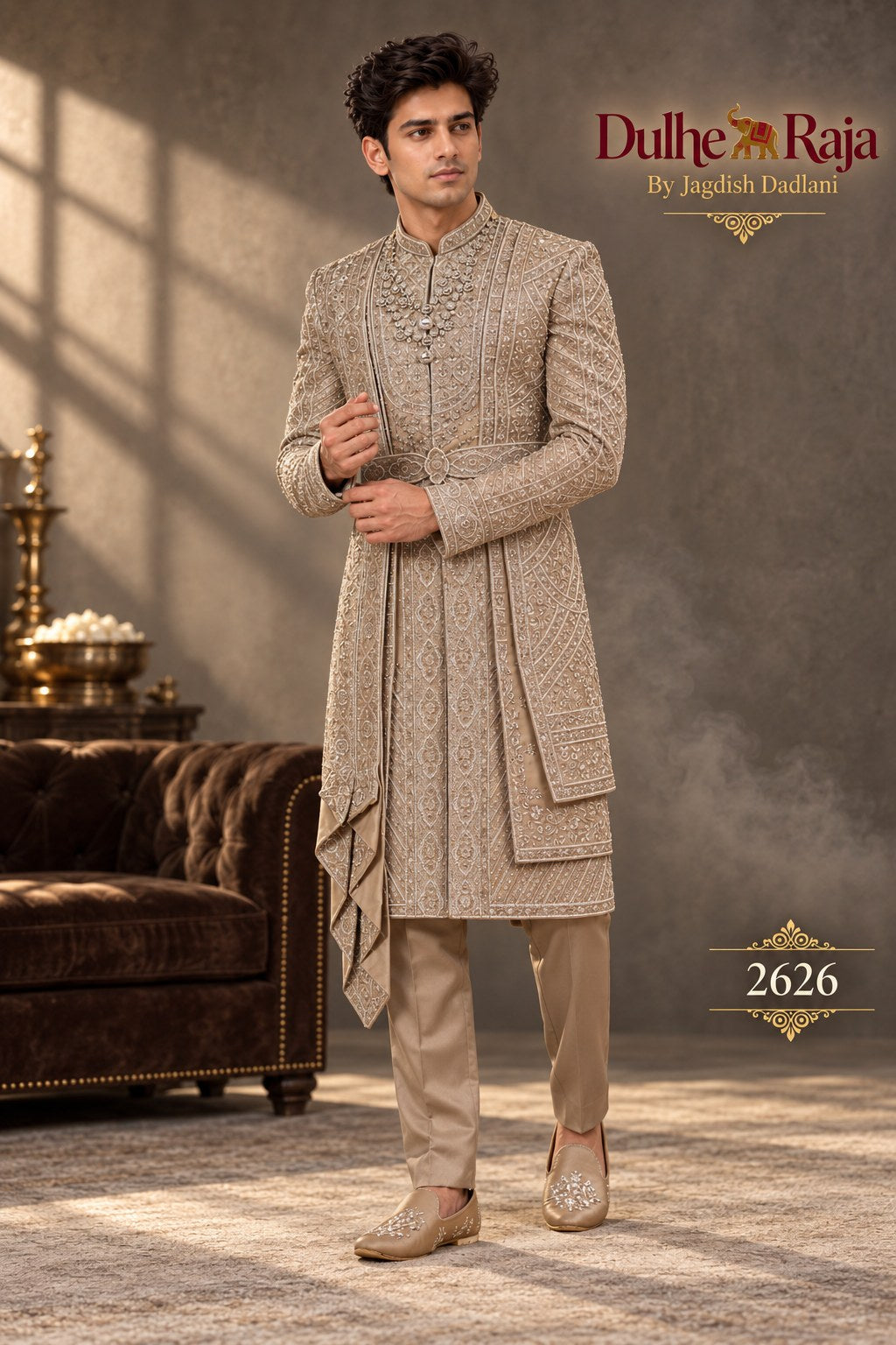 Beige pleated belted sherwani side view - design 2626-KP