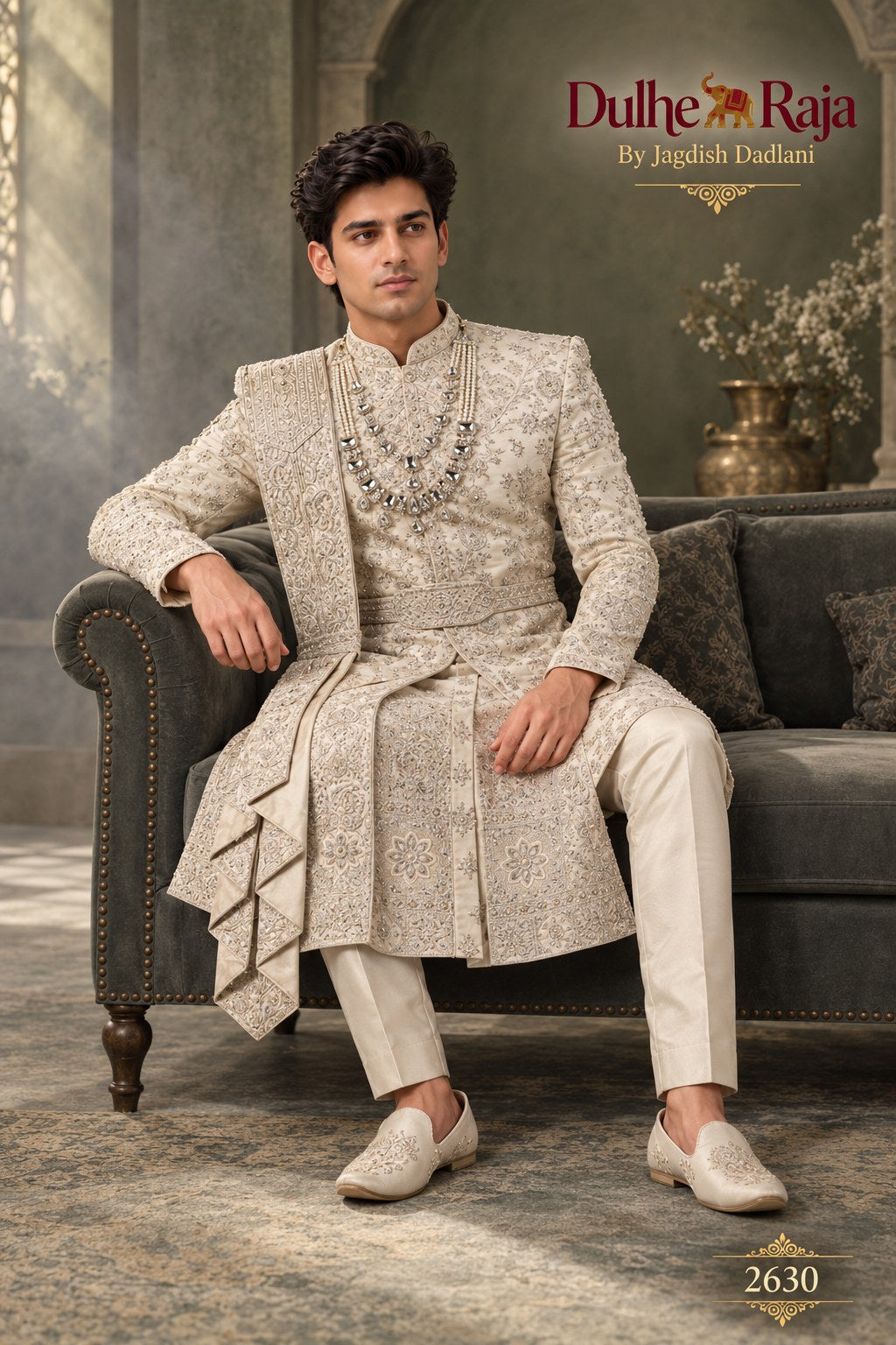Beige layered drape wedding sherwani detail - design 2630-ANMOL
