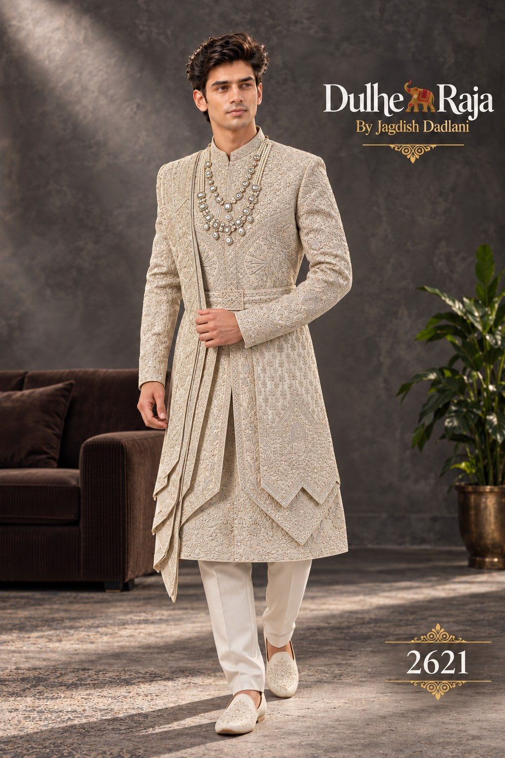 Beige pleated front wedding sherwani side view - design 2621-ANMOL