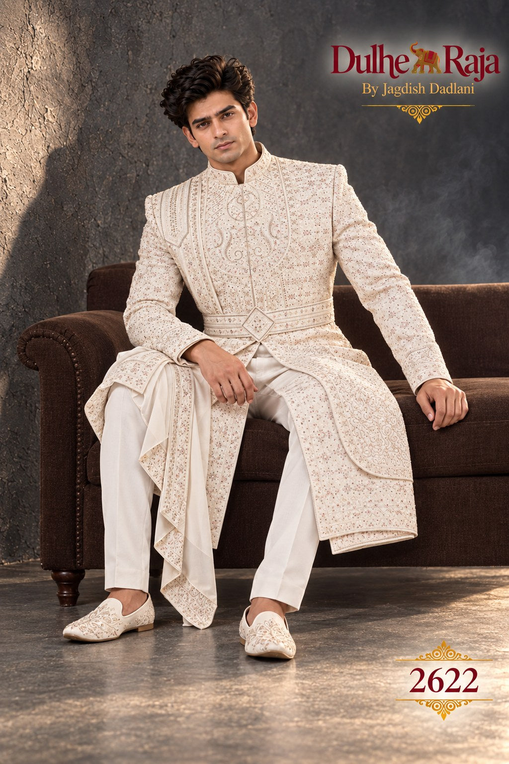 Ivory cascade wedding sherwani detail - design 2622-S3