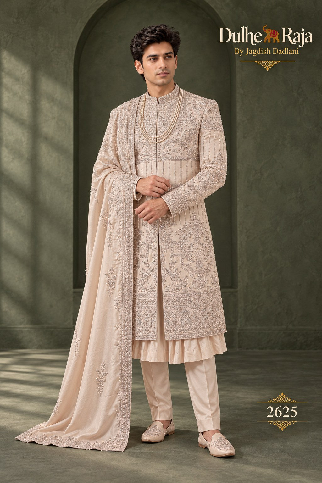 Blush sherwani with long dupatta side view - design 2625-RG