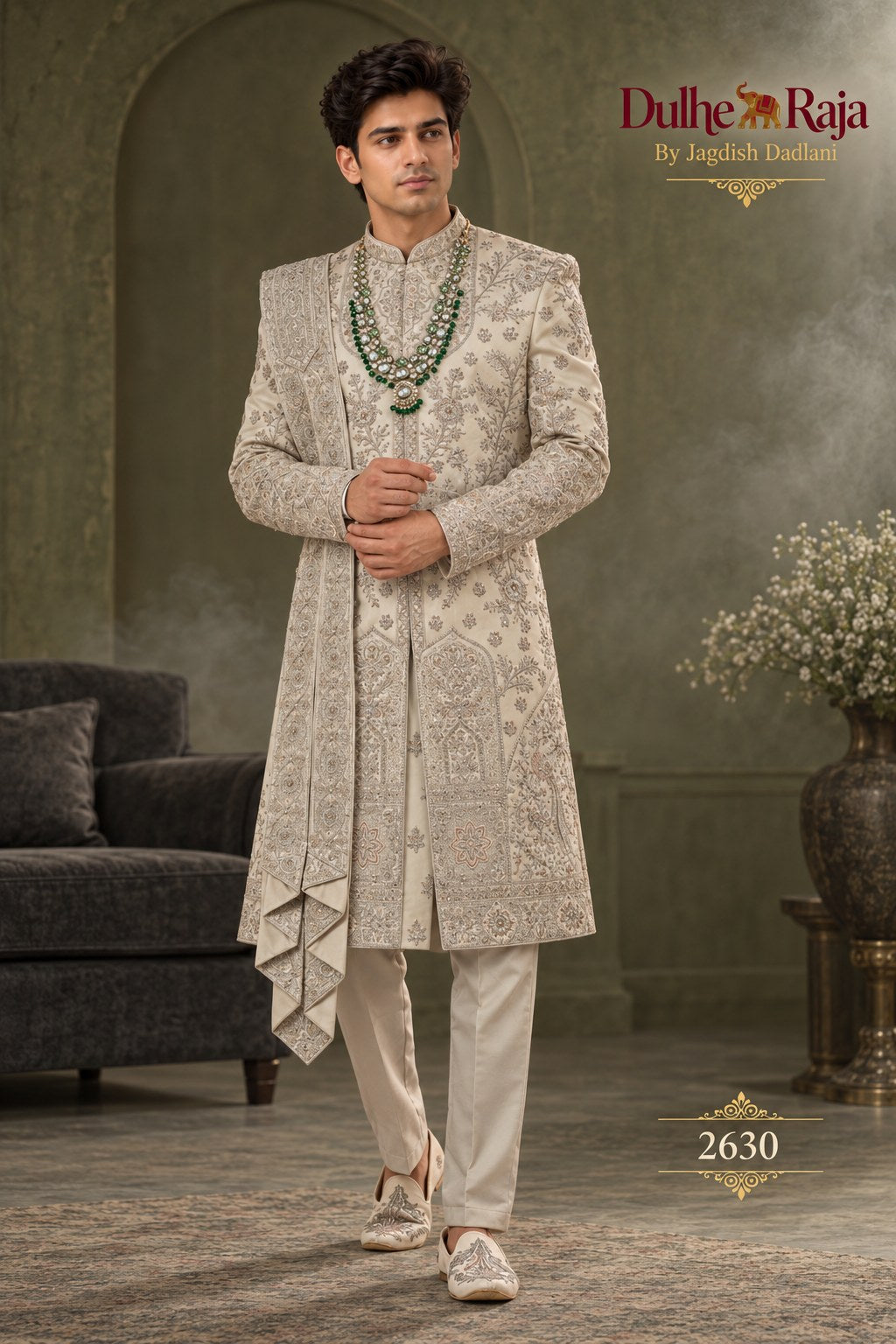 Pista layered wedding sherwani side view - design 2630-PISTA